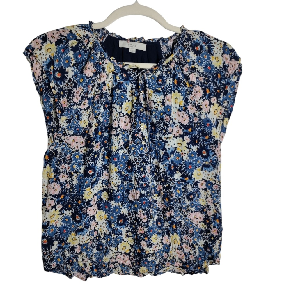 Loft Floral Cap Sleeve Blouse Navy Blue Yellow Pink XXL Button Front Shell Top